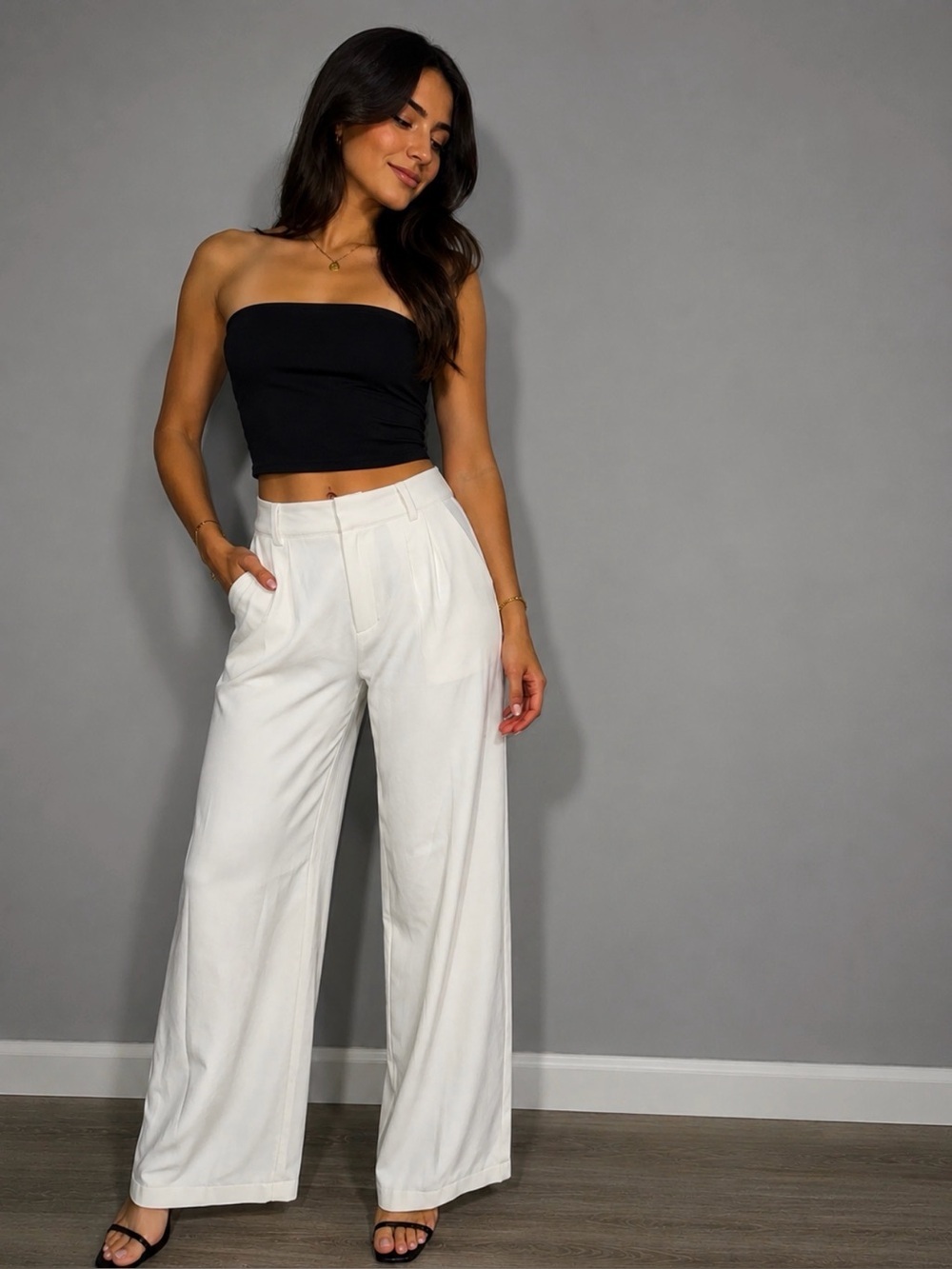 Wide Leg Cream Trousers - Classic High-Rise Fit